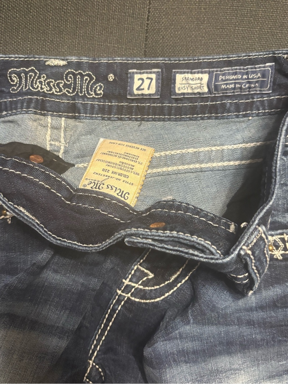 Miss Me Distressed Dark Blue Denim Shorts with Embellished Pockets size 27 - Picture 5 of 5